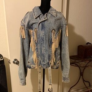 Vintage Durango Blue Denim Jacket with Tan Fringe Size M Oversized